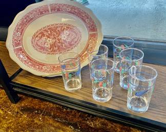 Vintage SYRACUSE CHINA 201-J, USA Platter and a Set of 6 Vintage Glasses 