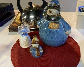 2-Piece Snowman Set, a Porcelain Angel Bell, and a vintage metal teapot 