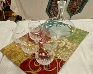 c.1960's Toscany Etched Clipper Ship Decanter and 6 Romanian Snifter Glasses