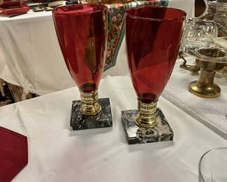 VERY BEAUTIFUL SET of c.1960's, MCM, Cranberry Red Glass Globes, Brass, with Square Marble  Base Candlestick Holders (GREAT GIFT for Any MCM Admirer!) 