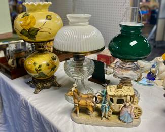 Vintage Oil (and Electric) Gone-with-the-Wind Lamps: Clear ALADDIN Oil Lamp with add-on iridescent shade, Yellow Floral G.W.T.W. Lamp, and a Green Shaded Clear Lamp (both electric) 