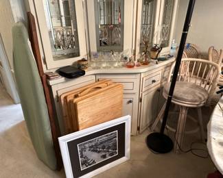 Two sets of TV Treys, one light color and 1 dark set, vintage ironing board