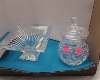 Waterford  crystal   covered jar and  Waterford crystal vase-  centerpiece