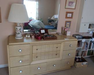 triple  dresser, lamp,  costume  jewelry,  books,  pictures