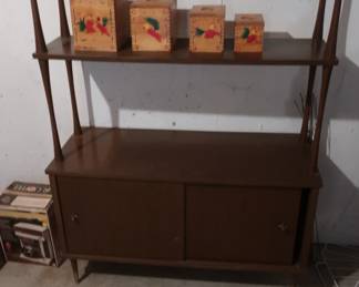 mid century cabinet and shelf, wood canister set