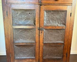 ANTIQUE PUNCHED TIN PIE SAFE WITH STAR PATTERN TIN (POSSIBLY BROUGHT BACK FROM MAINE OR RHODE ISLAND AREA AMNY YEARS AGO, THE CONDITION IS FABULOUS