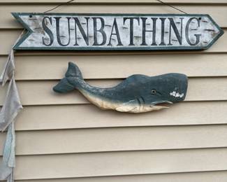WOOD WHALE AND SUNBATHING SIGN 