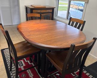 CUSTOM DESIGNED AND MADE AMISH SOLID ELM AND BROWN MAPLE COUNTER HEIGHT TABLE AND CHAIRS. 