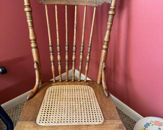 ANTIQUE PRESS BACK CANED BOTTOM CHAIR 