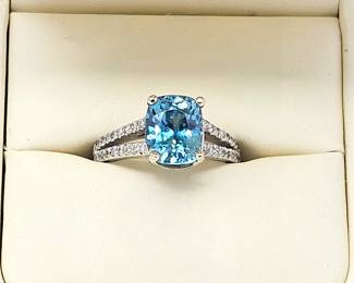 10.51 Carat Natural Blue Zircon with Diamonds in 14k White Gold Ring in Size 7 w/ Appraisal