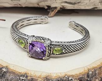 Lot #SB 349- Gorgeous Solid Sterling Silver Cuff Bracelet w/ Center Amethyst and Two Peridot Stones - 18k Accents - 34g