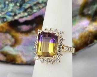 Lot #SB 313 - Ametrine and Diamond Ring in 14k (Size 7) - Rectangle Cut Ametrine Surrounded by Round Natural Diamonds