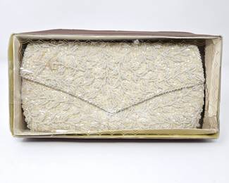 Vintage La Regale Evening Clutch Purse in Original Box - Ivory w/ White Beading and Sequins - Made in Hong Kong