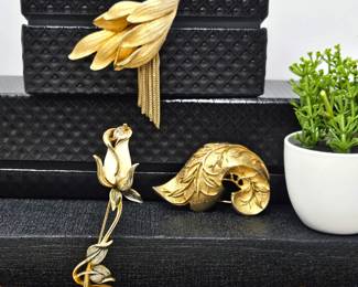 Set of Three Vintage Gold Tone Brooches - Francois Enamel & Rhinestone Flower Plus Sarah Coventry Leaf Brooch.