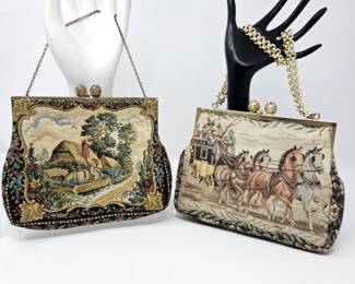 Set of Two Vintage Woven Tapestry Women's Evening Hand Bag w/ Gold Tone Strap - Made in France & W. Germany