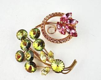 Lot #SB 326 - Set of Two Vintage Costume Rhinestone Floral Brooches in Gold Tones - Pinks and Greens 