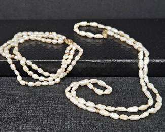 Lot #SB 345- Set of Necklace and Bracelet with Cultured Freshwater Rice Krispie Pearls and 14k yellow Gold Beads & Clasps