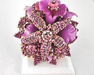 Lot #SB 322 - Vintage Swarovski Rhinestone Brooch by Stanley Hagler (Denver) in Pinks and Purple Floral on Gold Tone Backing