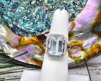 Lot #SB 306 - 9.6 Carat Aquamarine Slightly Blue Emerald Shaped Brilliant Cut with Sixty Diamonds 1.00 ct. in 18k White Gold Ring (w/ appraisal)