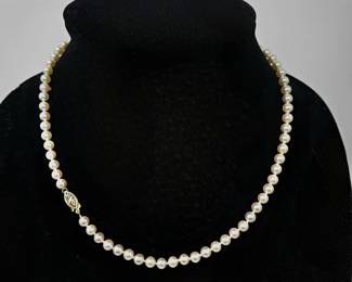 Lot #SB 344- Beautiful Strand of Cultured Akoya Pearls with 14k Filigree Clasp - 5mm Knotted Pearls - 17" Necklace