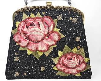 Vintage 1950s Souré Black Tapestry Handbag- Roses Beaded Details Velvet Leaves Brass Hardware Gold Interior