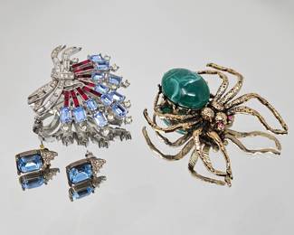 Vintage Trifari Brooch - Silver Tone Fireworks Plus Vintage Gold Tone Spider Brooch w/ Green Stone &nbsp;