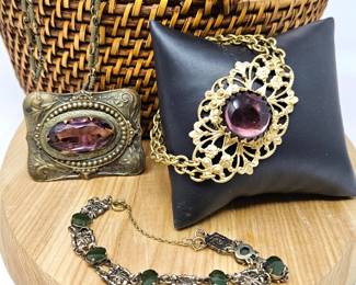 Lot #SB 352- Lot of Three pieces of Antique Jewelry - Brass Necklace and Bracelets with Green and Purple Stones