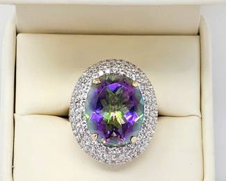 Mystic Topaz Ring 14 cts Surrounded with White Round Topaz in Gold Plated Sterling .925 Ring Size 8.25