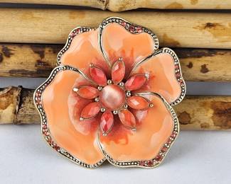 Lot #SB 327 - Vintage Liz Claiborne Enameled Brooch in Orange with Red Rhinestones w/ Gold Backing 2" Diam 