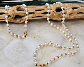 Lot #SB 347- Set of Chinese Cultured Pearl Necklace and Bracelet with 14k Filigree Clasp and 14k Gold Beads
