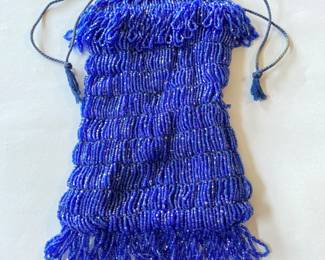 Small 1920's Style Flapper Reticule Beaded Drawstring Handbag in Cobalt Blue Seed Bead Fringe