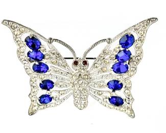 Lot #SB 325 - Vintage 1940s Staret Large Butterfly Brooch with Cobalt Blue and Clear Crystal Rhinestones w/ Red Eyes