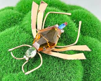 Lot #SB 330 - Vintage 1940s CORO Silver Craft Bug Brooch / Pin in Gold Tones - Large Amber Rhinestone 3" x 3"