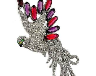 Lot #SB 329 - Lovely Vintage Silver Tone Parrot Brooch in White, Red & Purple Rhinestones with Green Eyes - 3" Tall