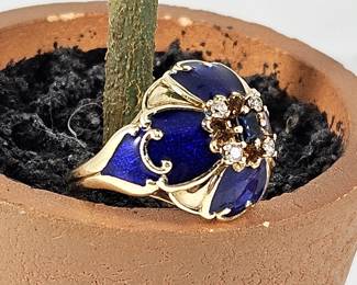 Lot #SB 317 - Stunning Deep Blue Enameled Ring with Center Sapphire & Four Diamonds in 14k Yellow Gold Ring Size 6.5 