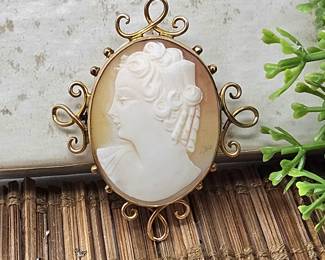 Lot #SB 341- Lovely Vintage Shell Cameo Brooch with Unique Loops of 10k Gold Framing it and "C" Clasp - 1 3/4" Tall  