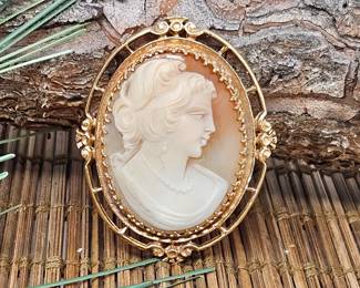 Lot #SB 338- Lovely Vintage Shell Cameo Brooch / Pin Set in Delicate 14k Gold Ornate Frame - 2" Tall&nbsp;