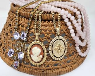 Triple Strand Rose Quartz Beaded Necklace, Two 24" Cameo Necklaces and Purple in Gold Rhinestone Necklace