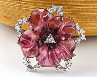 Lot #SB 332 - Vintage Nolan Miller Budding Flower Brooch From the French Chateau Glamour Collection -Purple w/ Clear Rhinestones - 2" diam