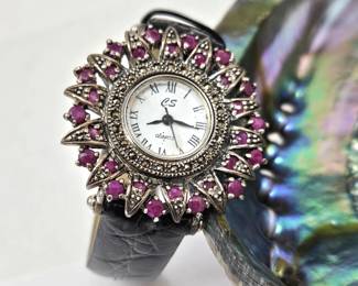  Pretty Ladies Watch CS Brand Japan - White face surrounded by Purple Rhinestones - Black Leather Band