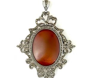 Lot #SB 328 - Beautiful Ornate Vintage Sterling .925 Cornelian Brooch/ Pendant w/ Marcasite Frame 3" Tall 