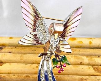 Lot #SB 331 - Vintage Rhinestone and Enameled Parrot Brooch / Pin by CORO (Sterling by CORO) 3" Tall in Copper Tone Backing