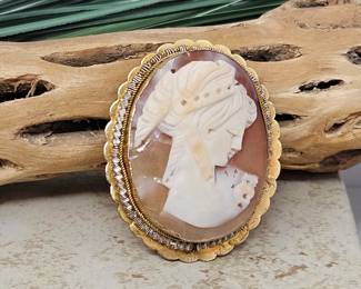 Vintage Shell Cameo Brooch / Pendant Framed in Two Tone 10k White & Yellow Gold w/ Rollover Clasp - 1 1/2" Tall