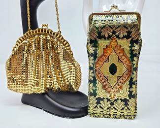 Vintage Whiting and Davis Small Cocktail Gold Mesh Hand Bag in Clamshell Shape Plus Metallic Look Eyeglass Case