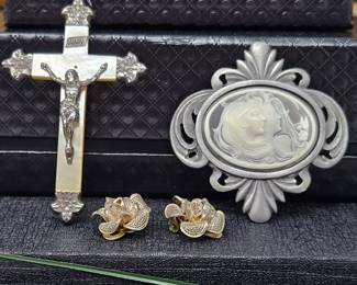 Lot of Three Sterling and Pewter Pieces of Jewelry, Mother of Pearl & Sterling Cross, Cameo Brooch & Vintage Sterling Earrings