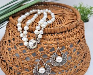 Set of Cultured Pearl and Sterling Bracelet and Earrings (From Israel)