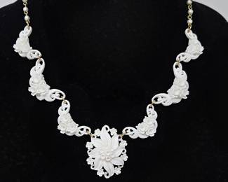 Lot #SB 350- Delicate Carved Bone Panel Necklace with Gold Tone Chain - 18" - Very Lightweight.