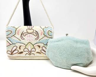 Vintage Nieman Marcus All-Over Beaded Clutch in Light Blue, Plus Shoulder Bag with Same Beading in Multi-Color