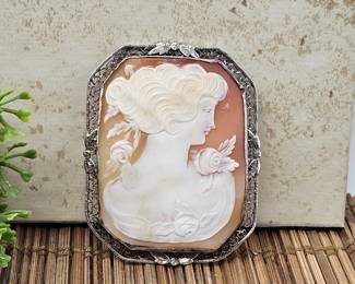 Lot #SB 339- Vintage Rectangle Shaped Shell Cameo Brooch in a Lovely Filigree 10k White Gold Frame - 2" Tall 