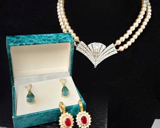Lot #SB 355 - Lot of Very Dressy Costume Gem Jewelry - Pearls, Diamonds, Rubies and more! Great Gift Idea